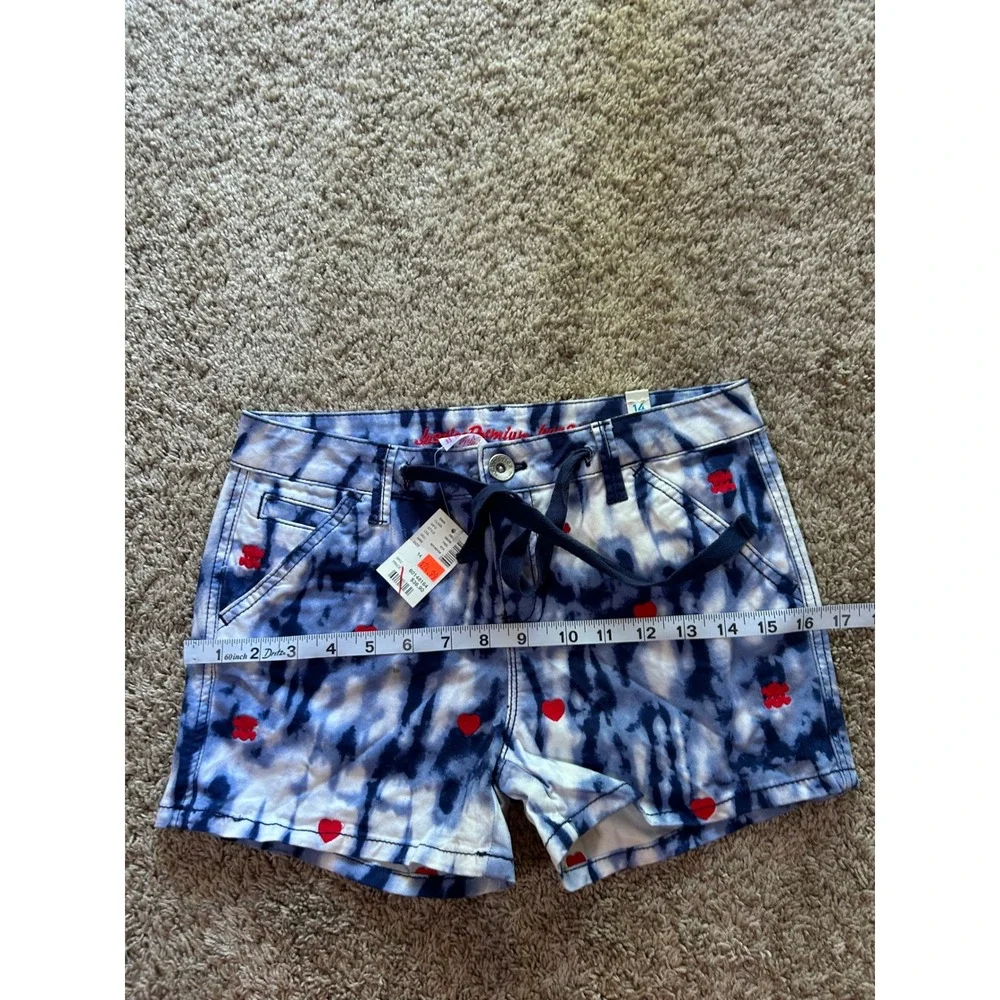 NWT Justice Girls Blue Tie Dye Heart Skull Embroidered Shorts Size 14 Y2K Grunge